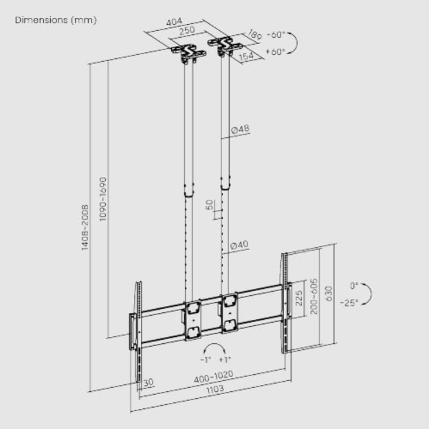 Rack Techo con doble Tubo TV 60 a 120 Pulg / Alt Regulable 109 - 169 cm / VESA Max 1000x600mm / Carga 120 kg