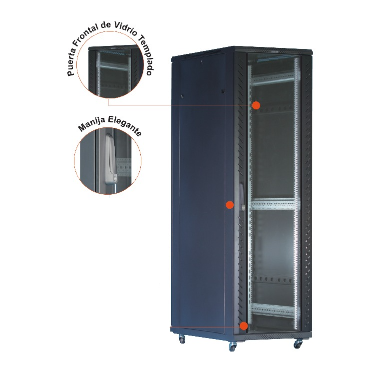 Gabinete de Piso para Servidores / 37 RU / 60x80x180 cm (AnchoxProf.xAlt.) / Puerta Frontal Vidrio Posterior Microperforada