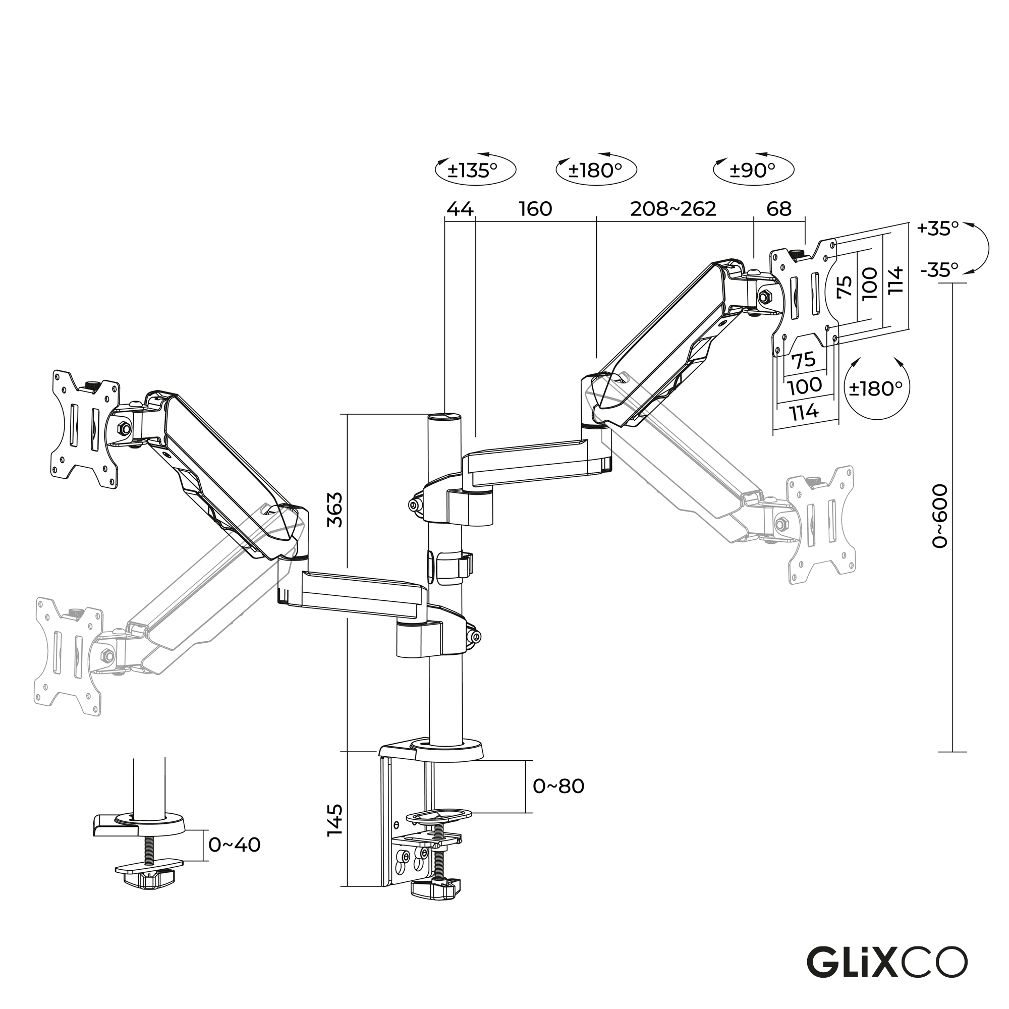 Rack Soporte Doble Brazo con Gas Spring de Escritorio para 2 Monitores 17 a 32 Pulg