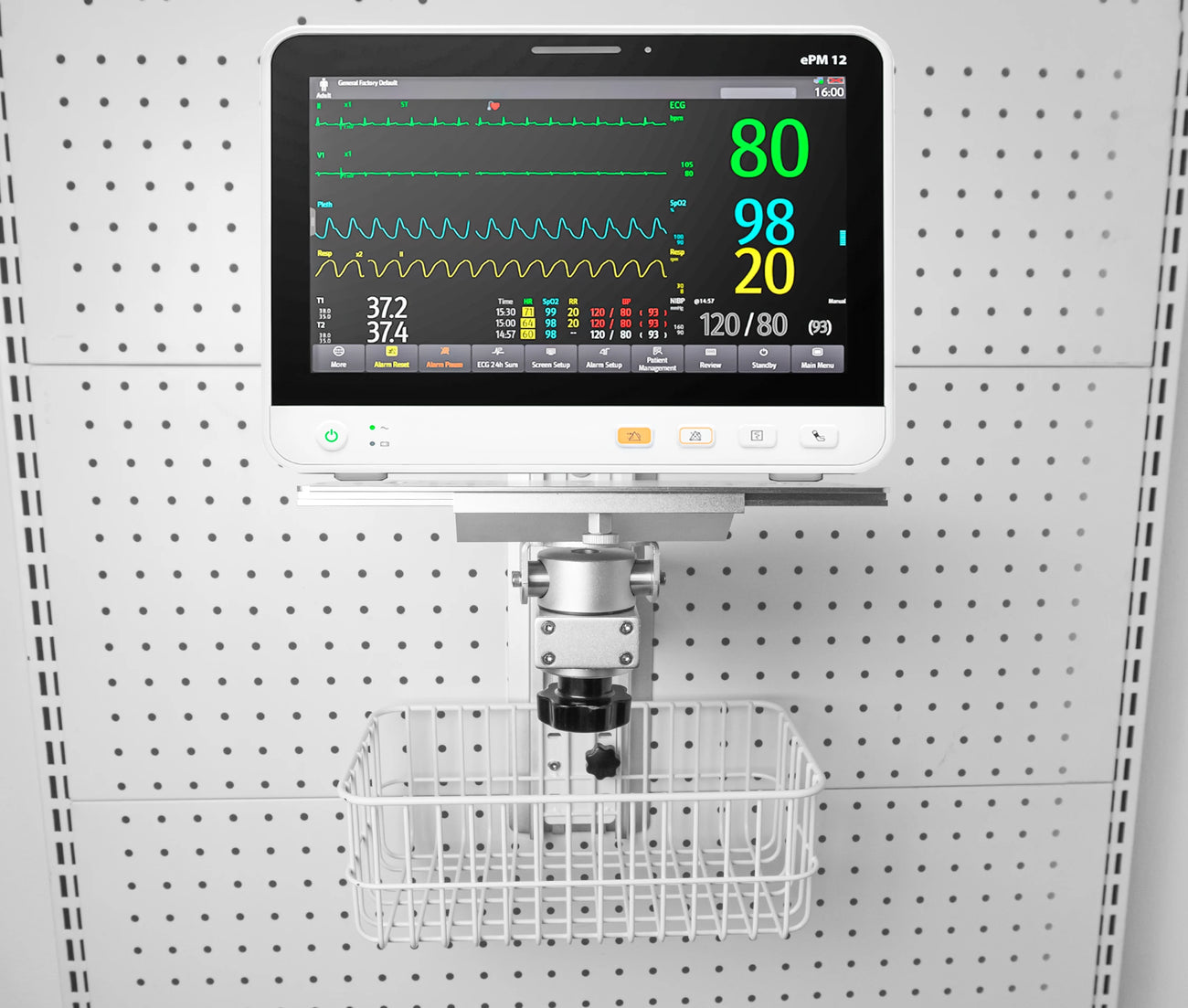 Soporte de Pared Brazo con Canasta para Monitor Medico Multiparametro / Altura regulable
