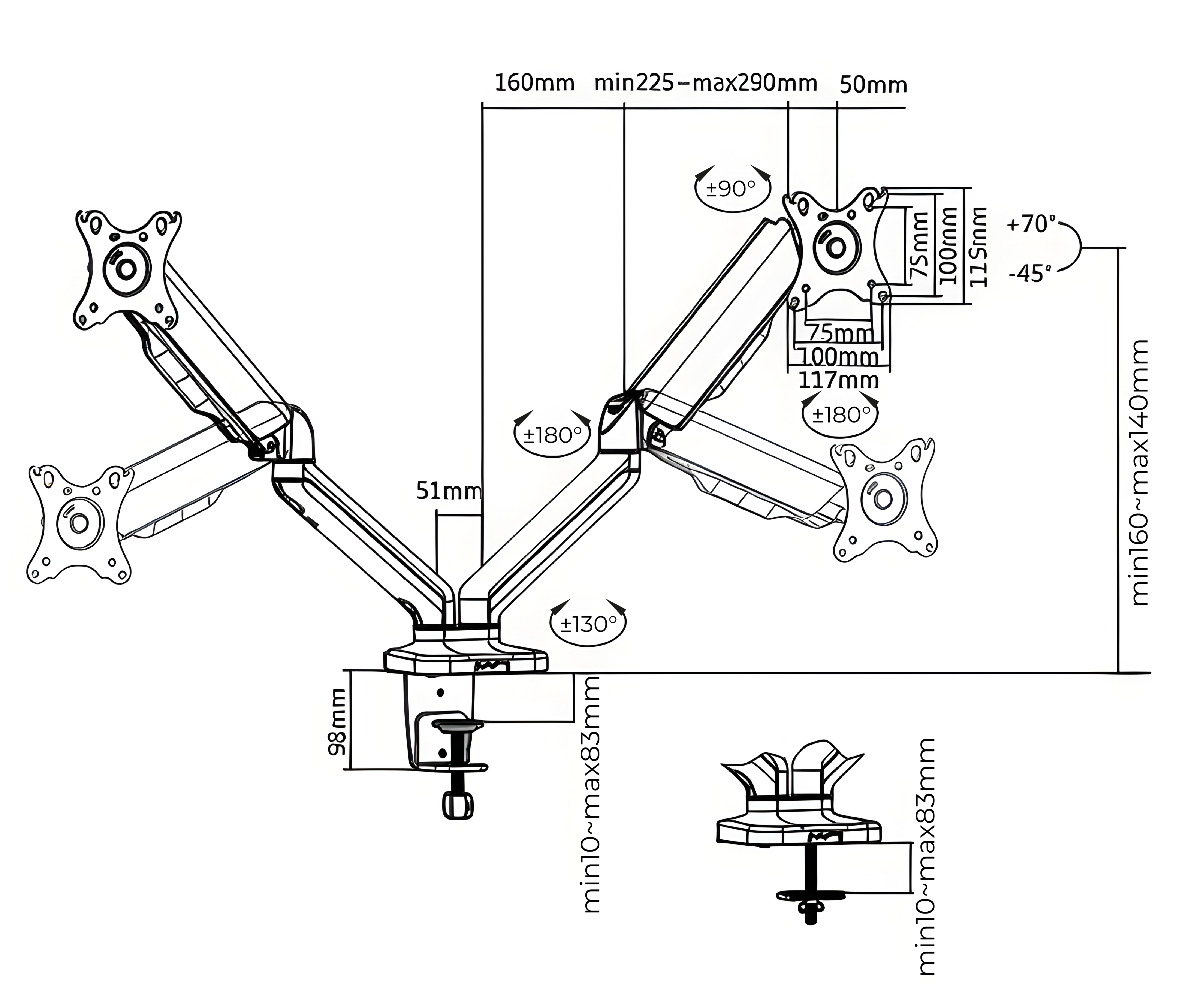 Rack Soporte Doble Brazo con Gas Spring para 2 Monitores 17 A 32 Pulg