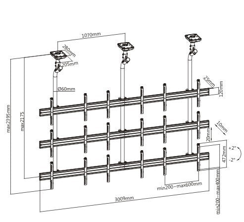 SOPORTE DE TECHO PARA VIDEOWALL DE 9 PANTALLAS DE 45 a 50 Pulg