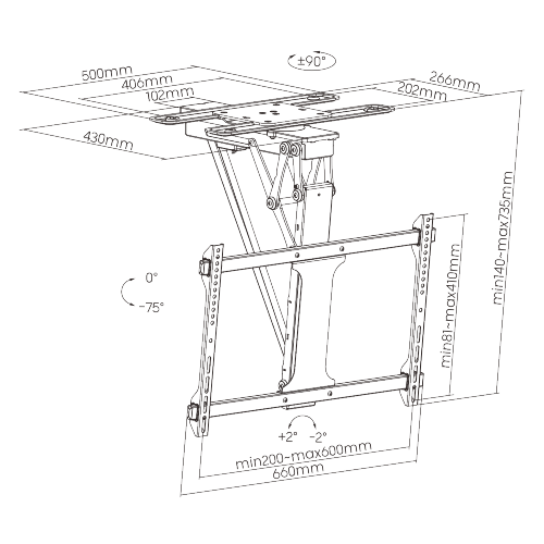 Rack Techo Electrico Plegable Giratorio  a Control Remoto  TV 32 a 65 Pulg / VESA Max 600x400mm / Carga 35 kg