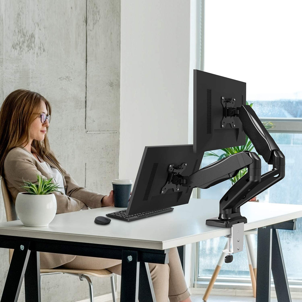 Rack Soporte Doble Brazo con Gas Spring para 2 Monitores 17 A 32 Pulg