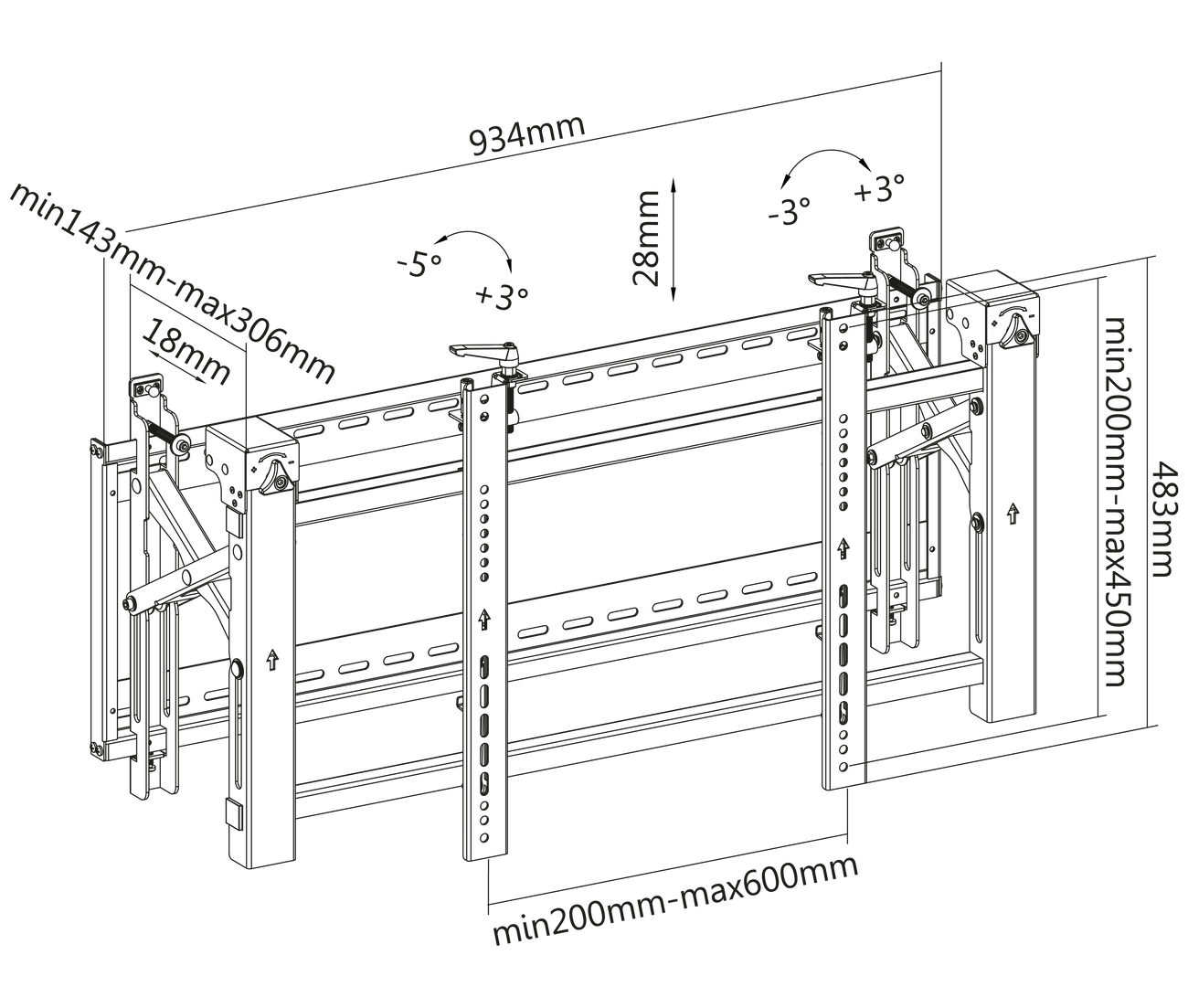 Soporte Videowall con sistema Push para TV Monitor 45 a 70 Pulg / VESA Max 600x400mm  / Carga 70 kg / Horizontal / Perfil Min 143mm