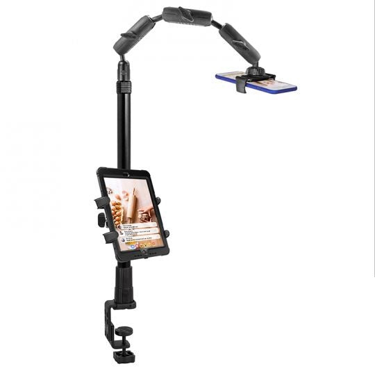 Soporte de escritorio para Tablet 7 a 18 Pulg y Celulares o Mini Proyector / incluye Aro de luz / Fijación tipo Prensa /  Ideal para transmisión en vivo