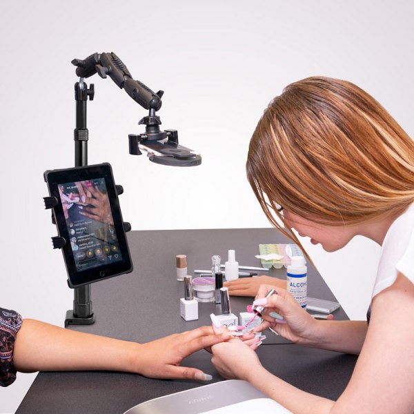 Soporte de escritorio para Tablet 7 a 18 Pulg y Celulares o Mini Proyector / incluye Aro de luz / Fijación tipo Prensa /  Ideal para transmisión en vivo