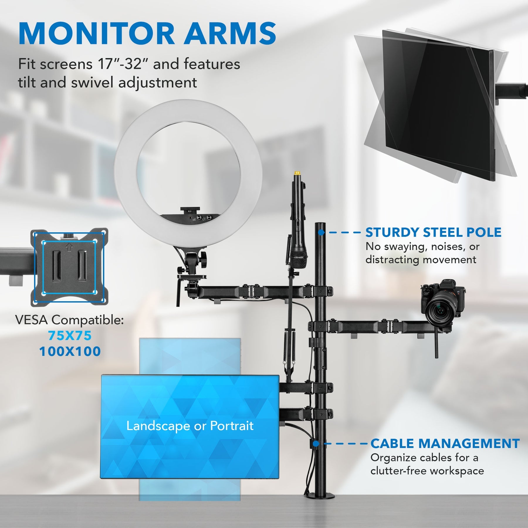 Montaje de Escritorio de Configuración de Estudio todo en 1 + Rack Doble Monitor