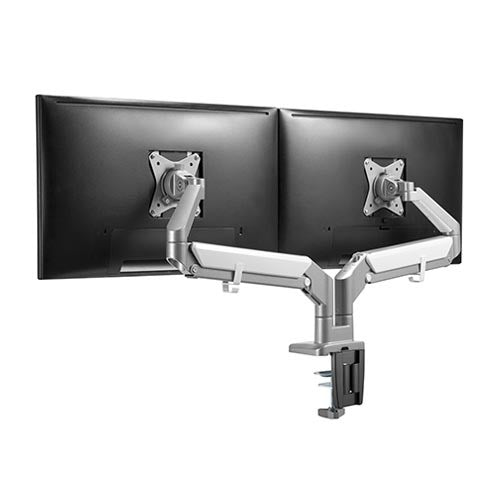 Soporte para 2 Monitores de 17 a 32 pulg con Brazo Delantero Corto / Aluminio / Puerto USB / Diseño Único y Exclusivo