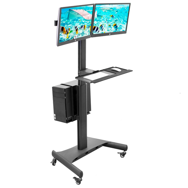 Pedestal para 2 Monitores 13 a 32 Pulg, con Ruedas, con Soporte para CPU y teclado