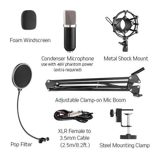 Micrófono condensador y soporte de brazo con abrazadera