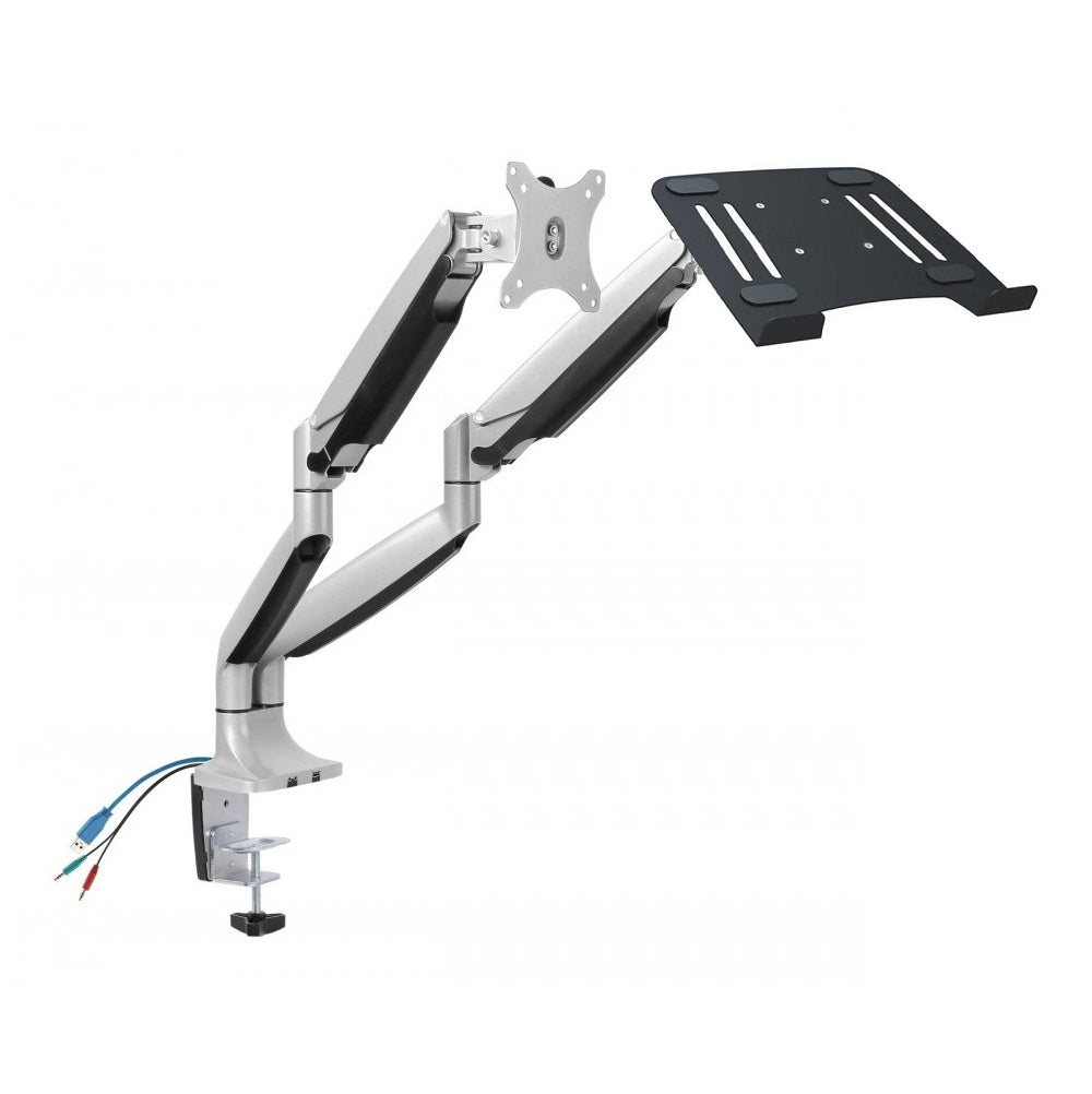 Rack Soporte Doble Brazo con Gas Spring de Escritorio para Laptop 10 a 15 Pulg y Monitor 32 Pulg  / Puerto USB y Audio