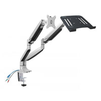 Rack Soporte Doble Brazo con Gas Spring de Escritorio para Laptop 10 a 15 Pulg y Monitor 32 Pulg  / Puerto USB y Audio