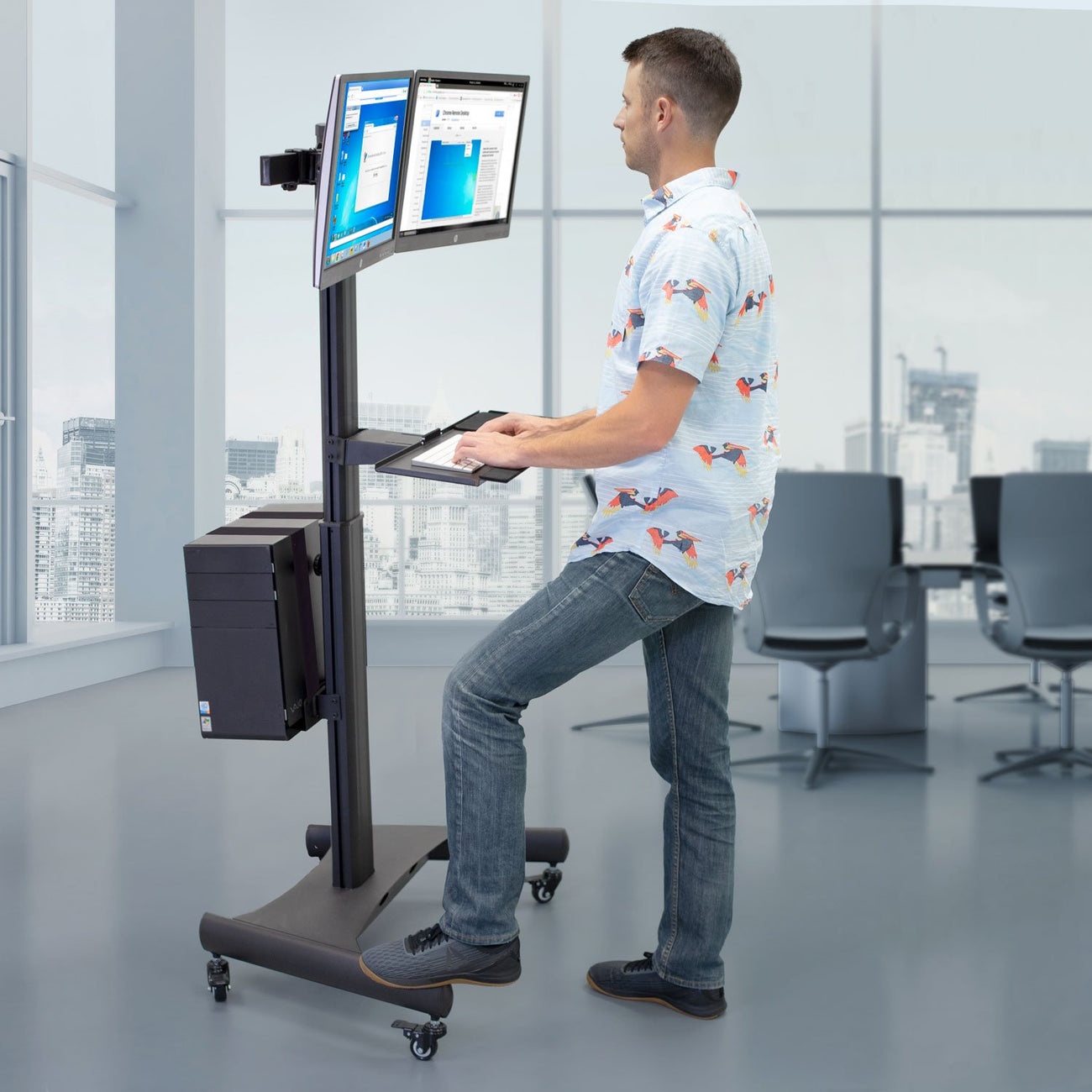 Pedestal con Ruedas para 2 Monitores 13 a 32 Pulg con Soporte para CPU y teclado