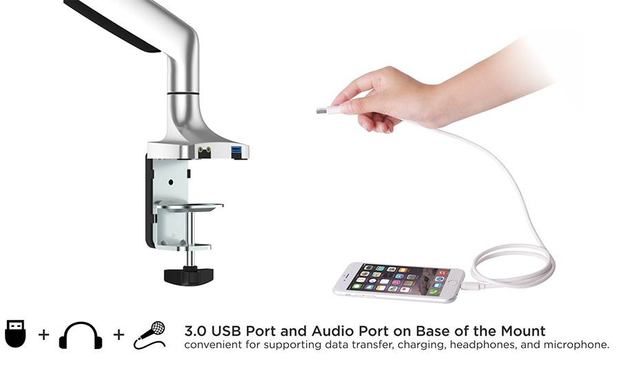 Rack Soporte Doble Brazo con Gas Spring de Escritorio para 2 Monitores 13 a 32 pulg / Puerto USB y Audio