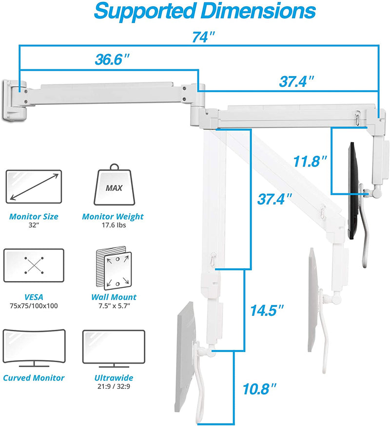  Brazos para monitor de montaje en pared, brazo extra largo para  monitor LCD, brazo de montaje en pared ajustable con resorte de gas para  monitores de 15 a 27 pulgadas, monitor