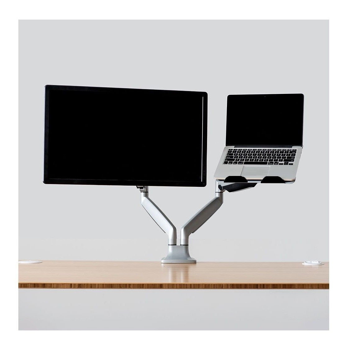Rack Soporte Doble Brazo con Gas Spring de Escritorio para Laptop 10 a 15 Pulg y Monitor 32 Pulg  / Puerto USB y Audio