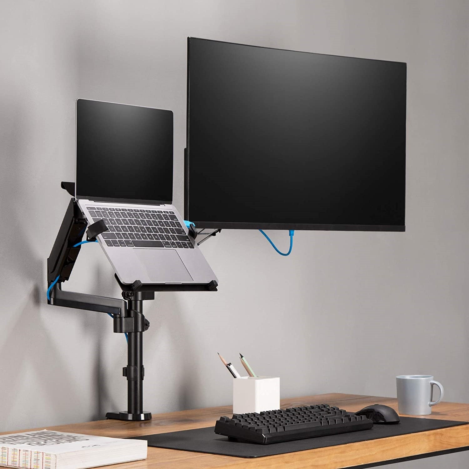Rack Soporte Doble Brazo con Gas Spring de Escritorio para Laptop 10 a 15.6 Pulg y Monitor 17 a 32 Pulg