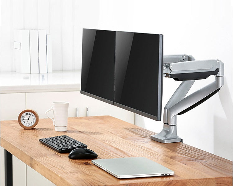 Rack Soporte Doble Brazo con Gas Spring de Escritorio para 2 Monitores 13 a 32 pulg / Puerto USB y Audio